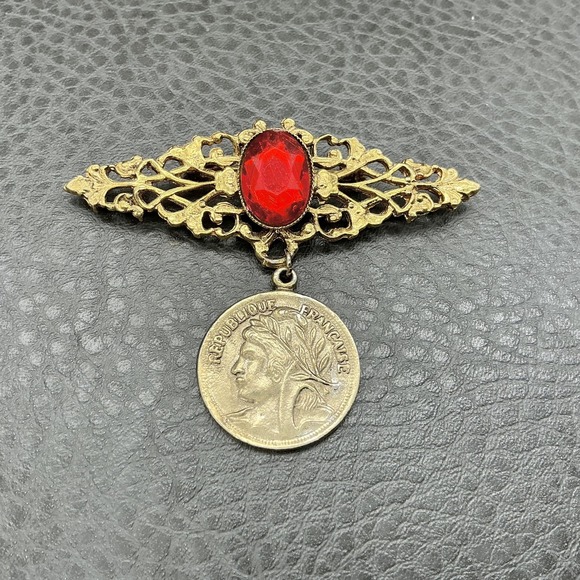 Jewelry - Vintage Filigree Brooch Red Glass Cabochon Dangle French Coin Pin Brass Tone 2"